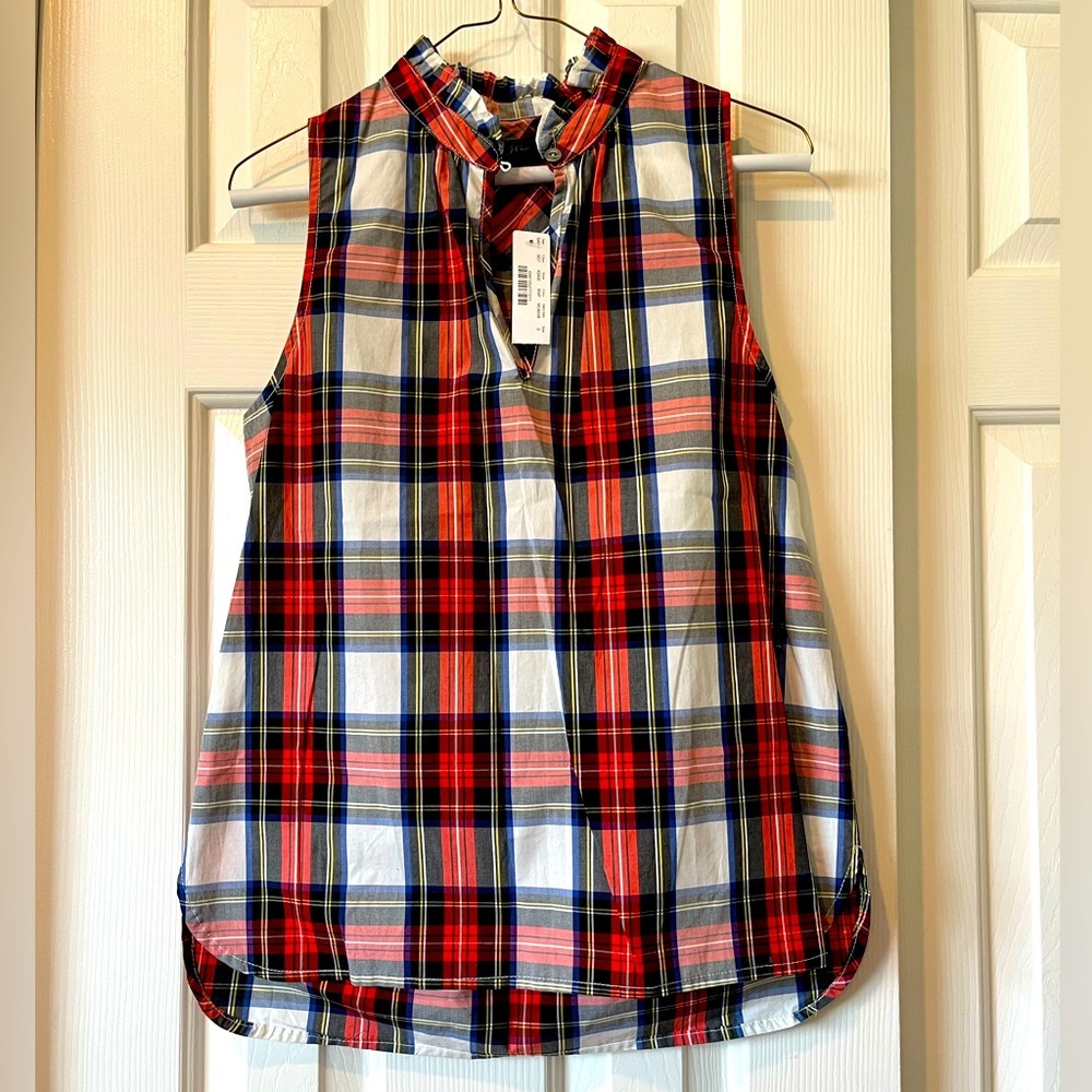 Plaid J. Crew Ruffle Neck Sleeveless Popover Blouse Top (NWT) - Picture 1 of 11